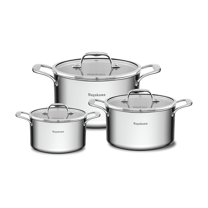Bộ nồi NAGAKAWA NAG1355, inox 5 lớp, 3 nồi 16-20-24 cm