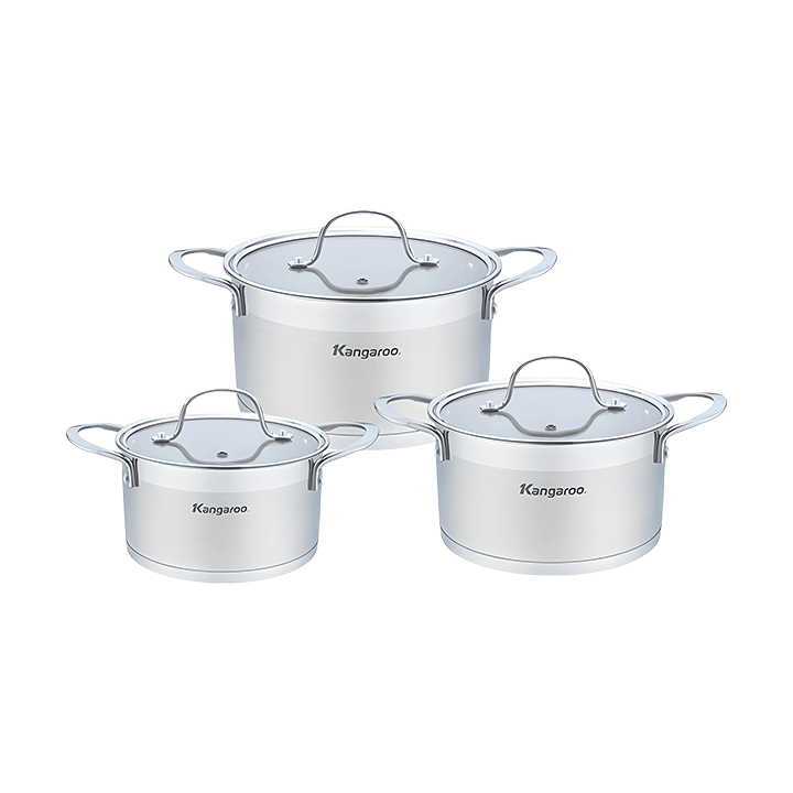 Bộ 3 nồi Inox 5 lớp nắp kính đáy từ Kangaroo KG877