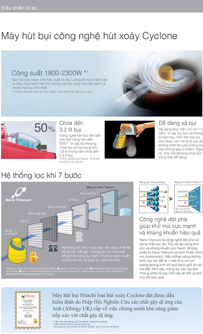 Máy hút bụi Hitachi CV-SU21V  công nghệ hút xoáy cyclone