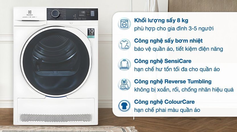 tong quan may say bom nhiet electrolux 8 kg edh804h5wb